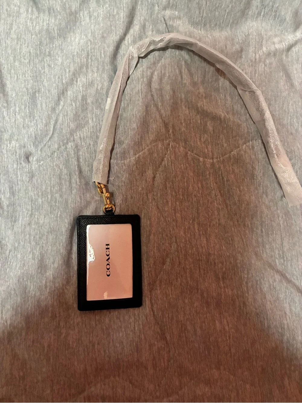Coach Black Leather Card Holder with Gold Hardware and White Accent